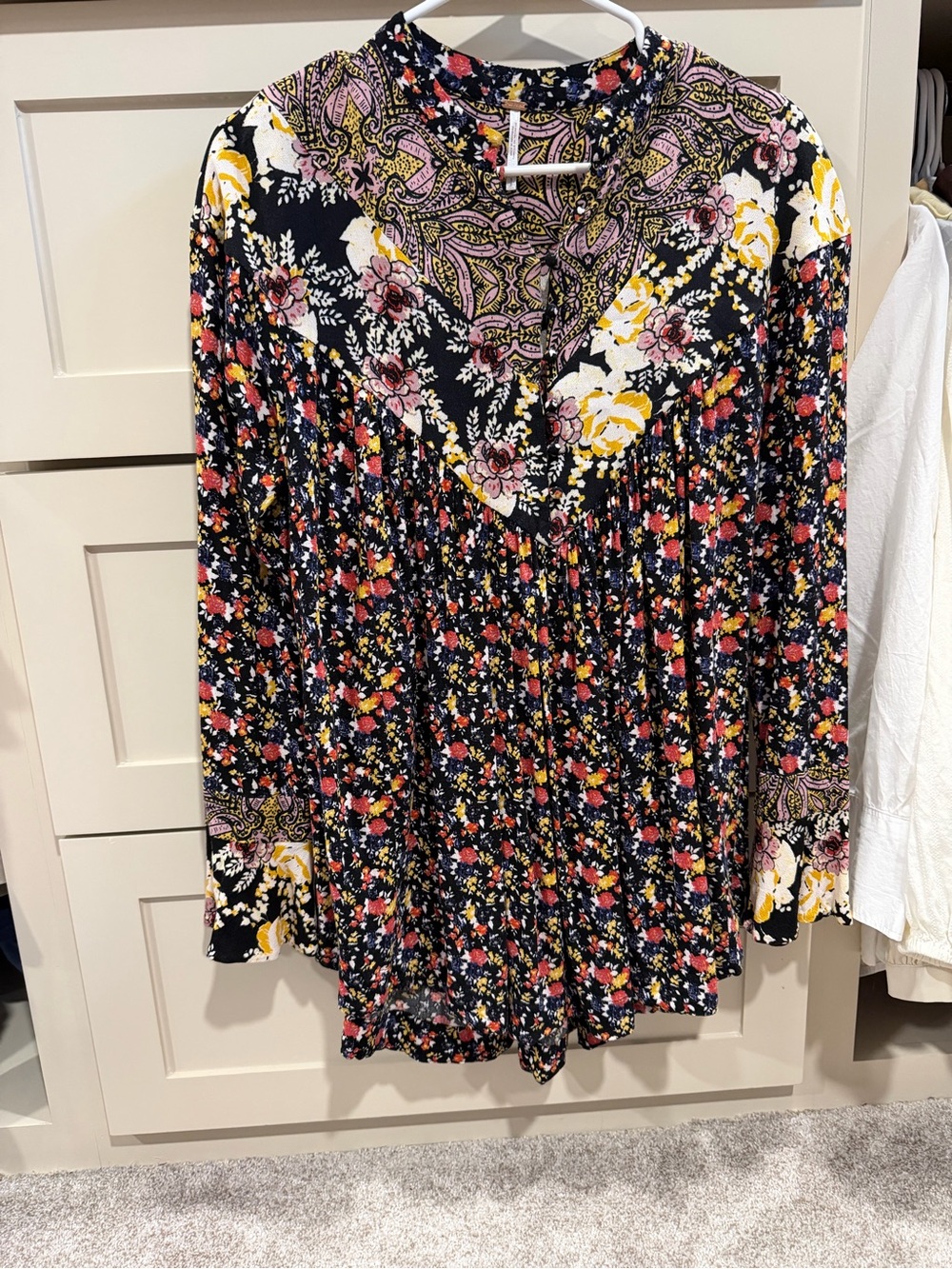 Free People Floral Paisley Mixed-Print Tunic in Black, Yellow, Pink